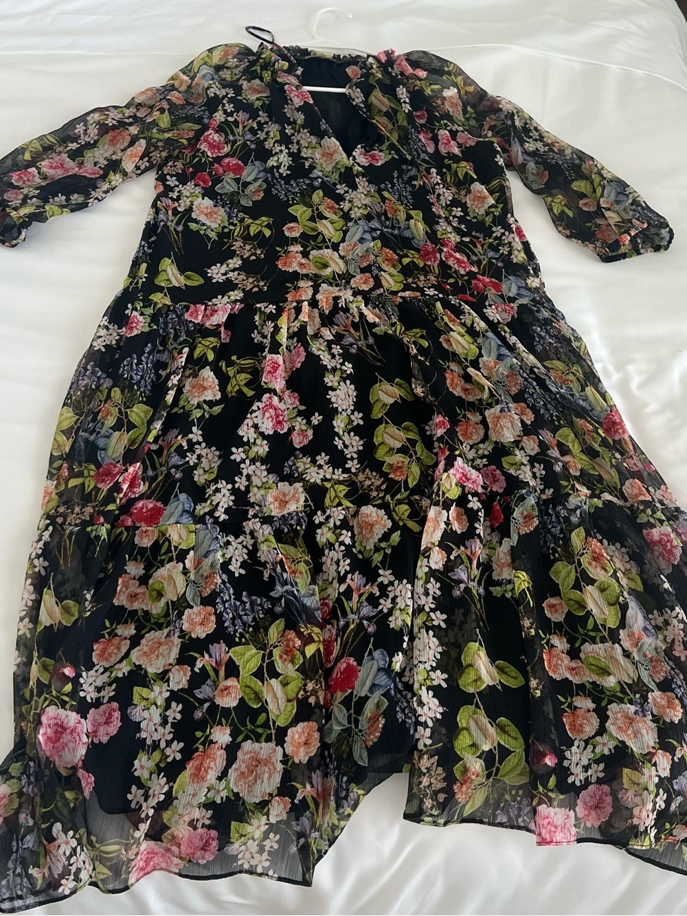 Zara Black Floral Ruffled Sleeve Dress